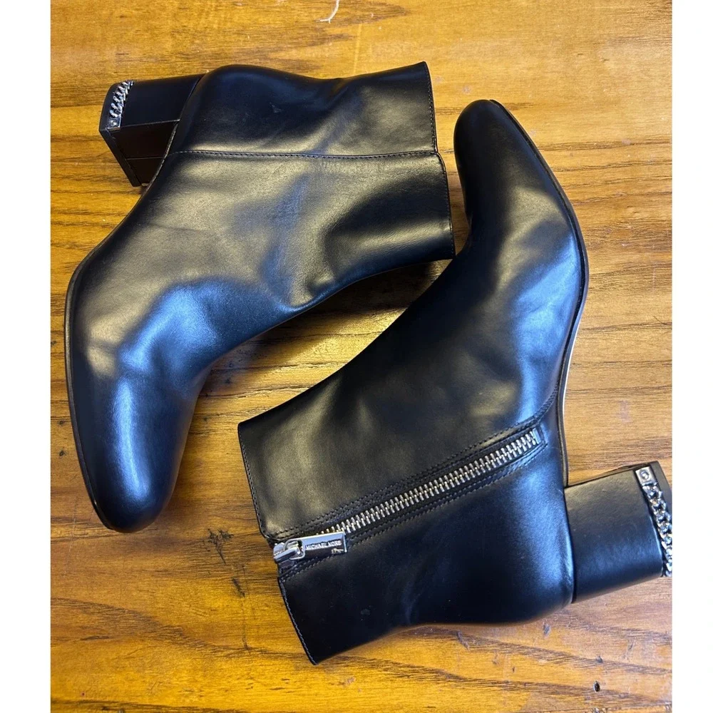 Michael Kors‎ Jilly Ankle Boots Women 7.5M Black Leather Chain Heel